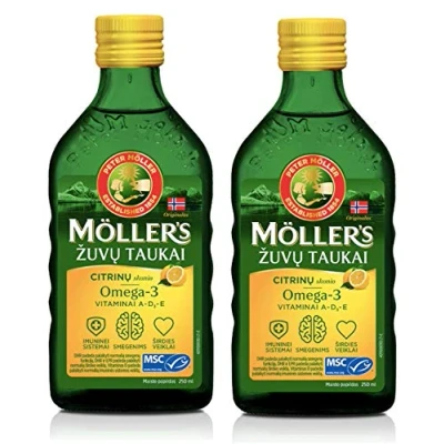 Image of Moller&#039;s Fish Cod Liver Oil with Omega 3, Lemon Flavour 250 Ml Liquid Supplement Made in Norway 2 Bottles