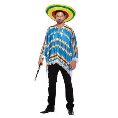 Image of HENBRANDT Adult Blue Poncho with Red and Yellow Stripes Tassel Fringe Mexican Bandit Wild Western Cowboy Fancy Dress Costume Unisex Accessory for Men Women
