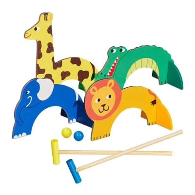 Image of Relaxdays Croquet Game, Cute Animal Design, Wooden Set for 2 Players, Children, Outdoor &amp; Indoor, Garden, Multicoloured, Wood, 43 x 9 2.5 cm