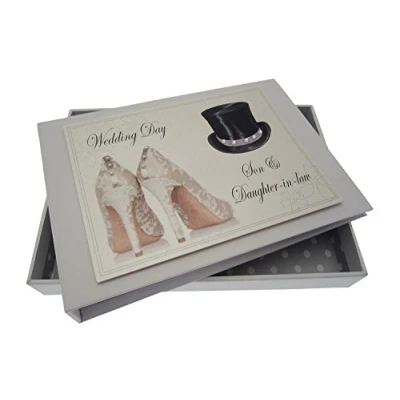 Image of White Cotton Cards Son and Daughter in Law Wedding Day Tiny Album (Top Hat/Shoes)