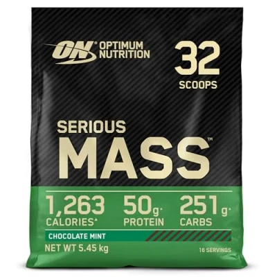 Image of Optimum Nutrition Serious Mass Protein Powder with Creatine, Glutamine, 25 Vitamins and Minerals, Chocolate Mint Flavour, 16 Servings, 5.45KG
