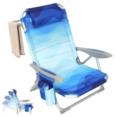 Image of #WEJOY 4 Position Adjustable Beach Chair for Adults, Folding Low Lightweight &amp; Portable, High Back Pillow Pocket Outdoor Garden Reclining Camping Chair, BLUEPATTERN