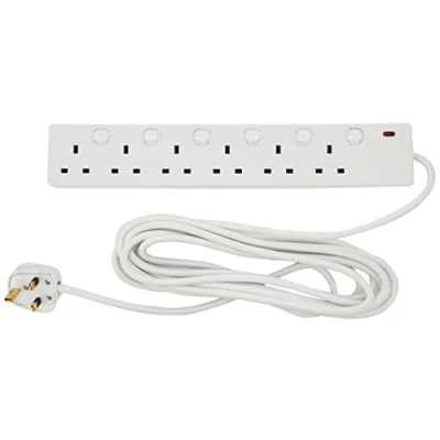 Image of PRO ELEC Individually Switched Extension Lead, 6 Socket, 5 Metres, Neon On Light (White)