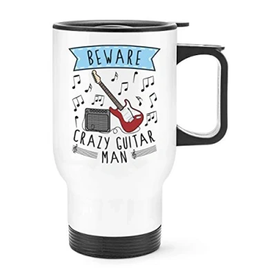 Image of Beware Crazy Guitar Man Travel Mug Cup with Handle