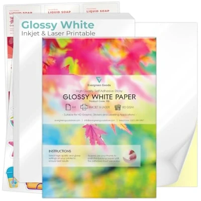 Image of Evergreen Goods 50 Sheets A4 White Glossy Sticky Paper Durable for Inkjet and Laser Printers Back