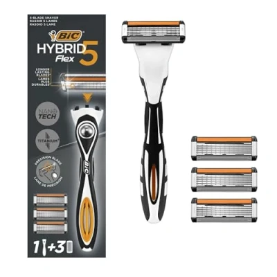 Image of BIC Hybrid 5 Flex Refillable Men&#039;s Razor, 1 Weighted Handle and 3 Nano Tech Titanium Plated Blade Refills with Precision Blade, Bundle of plus
