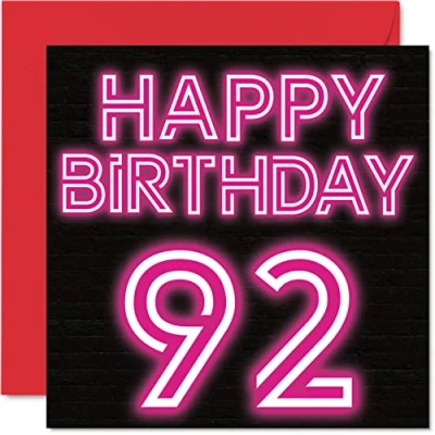 Image of Fun 92nd Birthday Cards for Men Woman Neon Glow Happy Card Great Grandad Grandpa Nanny Grandma Nan Gran Granny Dad Mum, 145mm x Greeting Cards,