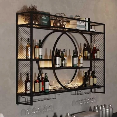 Image of Wall Mounted Wine Glass Rack and Shelf，Wine Bar Unit Floating Shelves Living Room Restaurant Background Decoration(Size:47.2x5.9x31.5in,Color:Black)