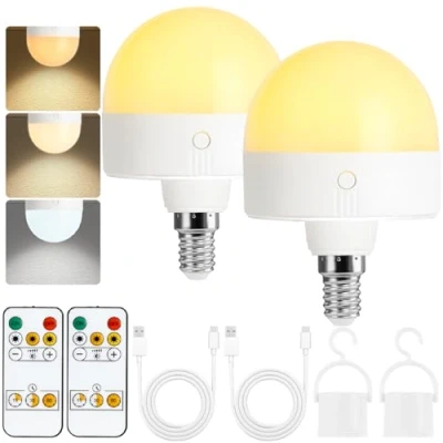 Image of Psatfito Rechargeable Light Bulb with Timer and Remote, Dimmable Battery Bulbs Magnetic Base, E14 Detachable Charging LED Bulb, Non Hardwired Lamps 3 Color Temperatures, 2 Packs