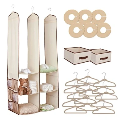 Image of 24pc Childrens Kids Baby Nursery Closet Drawer Organiser Hanging Wardrobe Storage Solution Shelf Clothes Hangers Keeps Bedroom, &amp; Clean (Beige)