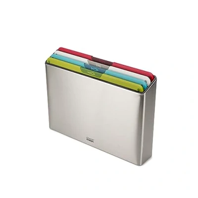 Image of Joseph Folio Icon Steel 4 Piece Colour coded Chopping Board Set, Slimline Case for Organised Kitchen Storage, Large, Stainless
