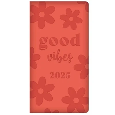 Image of 2025 Red Soft Touch Padded Cover Slim Wallet Diary Week to View &quot;Good Vibes&quot; Textured Design