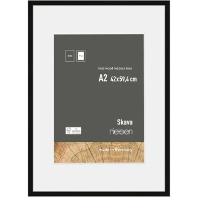 Image of nielsen Skava Photo Frame, A2, 42x59.4cm with White Mount to fit A3, Black Wooden Picture Frame Protective Float Glass and Push Turn Clips