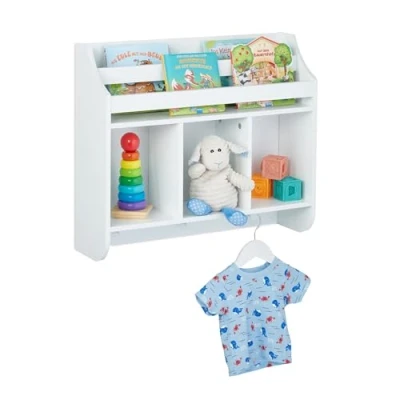 Image of Relaxdays Children&#039;s Shelf, 5 Compartments &amp; 3 Hooks, Wall Mounted Kids&#039; Bookshelf, HWD: 51.5 x 60 17.5 cm, White, Fibreboard
