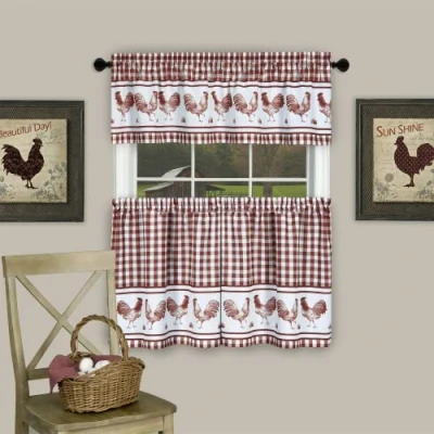 Image of Light Filtering Printed Tier &amp; Valance Window Curtain Set 58 Inch Length, 36 Width Barnyard (Burgundy), Machine Washable Drape for Kitchen, Bedroom, Living, Dining Room by Achim Home Decor