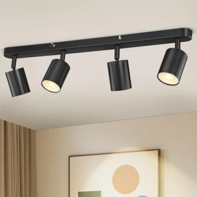 Image of 4 Way Spotlight Ceiling Light Adjustable, GU10 LED Lights Fitting, Rotatable Black Industrial Hallway with Socket, Modern Kitchen Spot Lamp for Bedroom Bulb Not Included