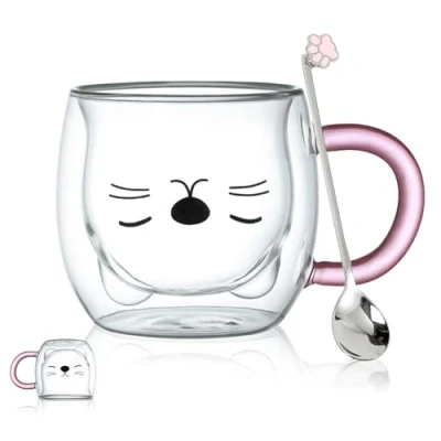 Image of Purple Cat Mug with Handle Cute Mugs Glass Double Wall Insulated Glasses Espresso Cup, Coffee Tea Milk Best Birthday Gift for Office and Personal (Purple Cat)
