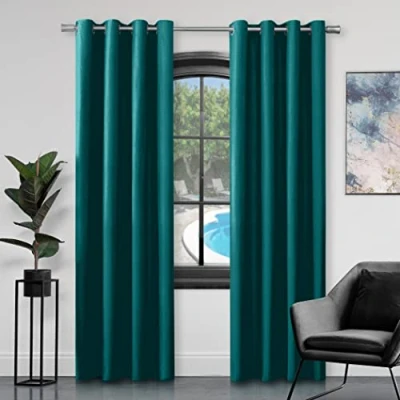Image of GC GAVENO CAVAILIA Faux Silk Eyelet Curtains For Living Room, 100% Polyester Ring Top Fully Lined Drapes, Teal, 90x90 Inch