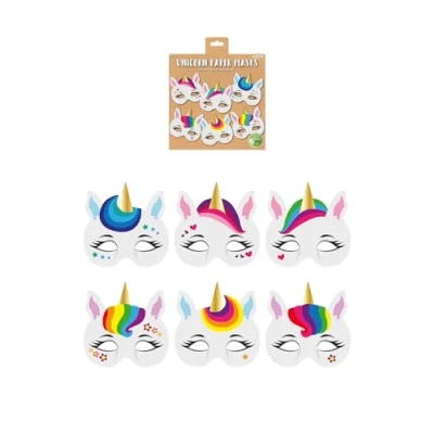 Image of HENBRANDT 1 x Unicorn Paper Party Masks for Kids Pack of 12 Magical Fantasy Face Fancy Dress Costume Birthday Loot Bag Filler Favours Girls and Boys