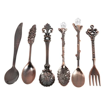Image of Pcs/Set Flatware Vintage Spoon Dessert Coffee Mixing Teaspoon Ice Cream Fruit Fork Royal Style Metal Mini Carved Tableware Kitchen Dining Bar Sweet Snacks
