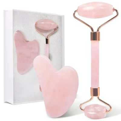 Image of GUGUG Jade Roller and Gua Sha Set, Rose Quartz with Guasha Stone, Face for Women, Massage Tool Face, Neck Body Muscle Relaxing, Pink