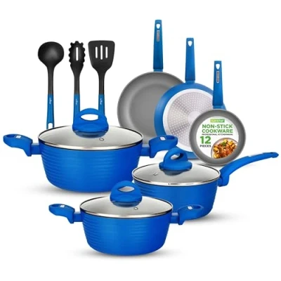 Image of NutriChef 12 Pc Blue Nonstick Cookware Set Professional Pots &amp; Pans with Durable Coating, All Cooktops Compatible, Including Induction