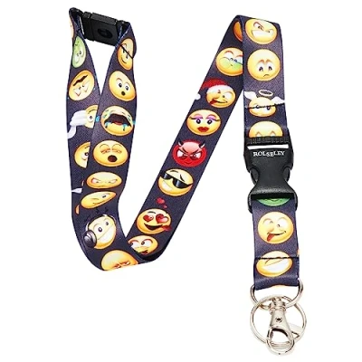 Image of ROLSELEY Polyester Multicolour Lanyard Neck Strap with Emoticon Yellow Smiley Face Pattern Metal Clip and Safety Breakaway