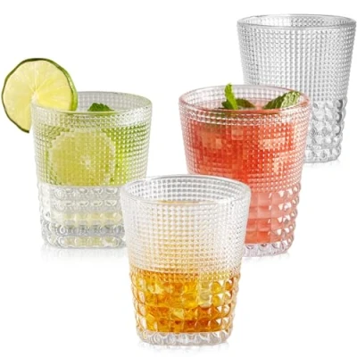 Image of TKNO 4X 309ml Embossed Tumbler Glasses Water Gin Whiskey Milk Juice Cocktail Drinking Glassware, Vintage Bubble Beverage Tumblers Set, Ideal for Home, Restaurant, Events &amp; Parties