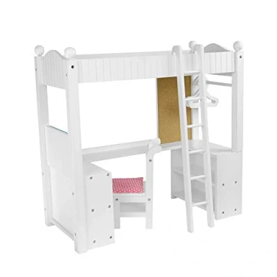 Image of Olivia&#039;s Little World Princess 18&quot; Doll Wooden Loft Style Bunk Bed Set with Cushioned Chair, Desk, Hangers, Ladder, and Pink Purple Bedding, White