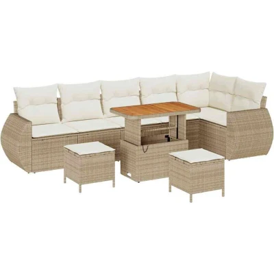 Image of vidaXL 9 Piece Garden Sofa Set with Cushions Beige Poly Rattan Acacia
