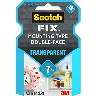 Image of Scotch Double Sided Tape, Transparent Mounting 19mm x 1.5m, For Indoor Use No tools needed Holds up to 7 kg