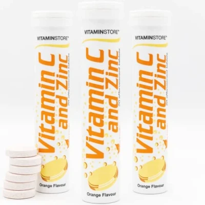 Image of Vitamin Store C and Zinc Effervescent Tablets 3 Packs of 20 Orange Flavoured Fizzy Dissolvable for a Healthy Immune System Vegan One Day VIT Supplement