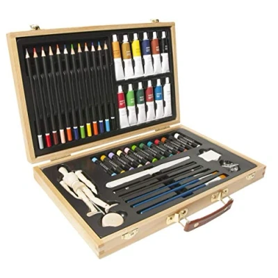 Image of Elements 46 Pieces Mixed Media Art Set with Wooden Storage Case Artist Mannequin, Acrylic Paints, Oil Pastels, Coloured Pencils for Coloring, Drawing, Sketching, Painting