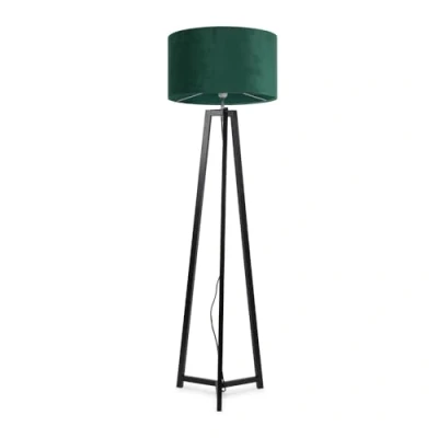 Image of Black Wood Tripod Floor Lamp with Forest Green Velvet Drum Lampshade Living Room Light LED Bulb Included