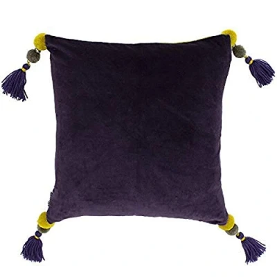 Image of Riva Paoletti Poonam Cushion Cover Damson Purple and Lemon Curry Yellow Faux Velvet Fabric Pompom Tassel Corners Reversible Machine Washable 100% Cotton 45 x 45cm (18&quot; 18&quot; inches)