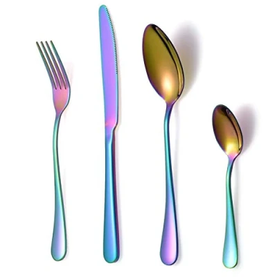 Image of 16 Piece Rainbow Cutlery Set, Classic Stainless Steel Flatware Silverware Sets with Knives and Forks Spoons TeaSpoons, Service for 4 People, Mirror Polished,Dishwasher Safe (Multicoloured Colourful)