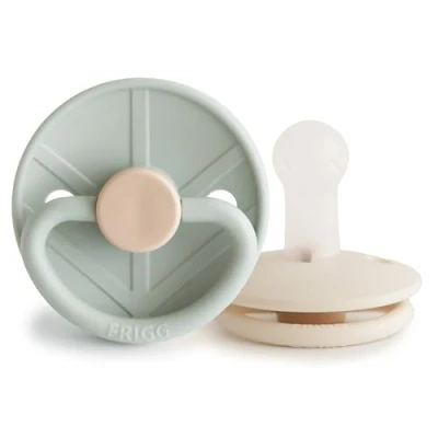 Image of FRIGG Little Viking Silicone Pacifier Pack of 2 Pacifiers Soother Dummy BPA Free Made in Denmark Symmetrical Cherry Shaped Nipple (Sage/Cream, Size (6 18 Months))