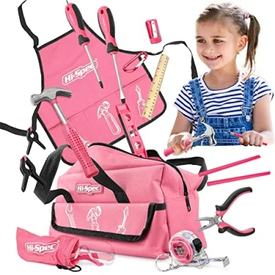 Image of Hi Spec Kids Real Tool Set with Pink Bag and Accessories Genuine Metal DIY Tools for Hands On Learning Building Projects Perfect Starters Beginners