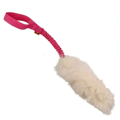 Image of DINGO dog toy sheepskin with pink bungee, agility motivation reward tug for training and fun 15580