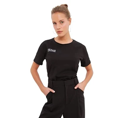 Image of Trendyol Women&#039;s Woman Relaxed Standard Crew Neck Knit T Shirt, Black, XS