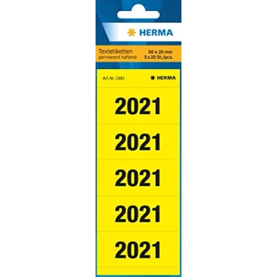 Image of HERMA Year Number Stickers 2021 for Folders, 100 Labels, 60 x 26 mm, 5 Labels per Sheet, Self Adhesive Lever Arch Files, Sticky Opaque Coloured Sticker, Yellow