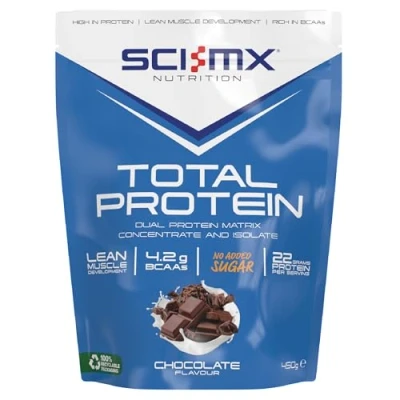Image of SCI MX Total Protein Dual Concentrate &amp; Isolate Powder Lean Muscle Development Chocolate No Added Sugar 4.2g BCAAs + 22g per Serving 450g
