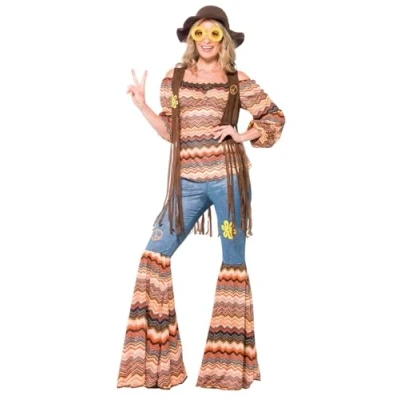 Image of Smiffys Harmony Hippie Costume, Multi Coloured with Top, Flares and Waistcoat, 1970&#039;s Disco Fancy Dress, Adult Dress Up Costumes