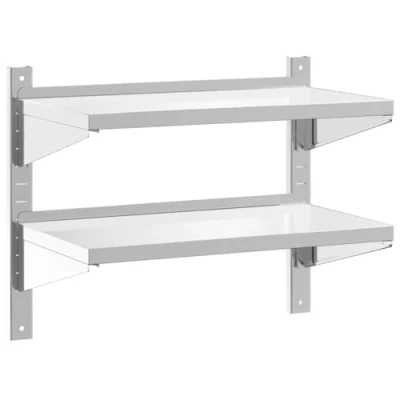 Image of vidaXL 2 Tier Wall Shelf Floating Storage, Silver Stainless Steel, 75 x 40 60 cm, Modern Mounted for Living Room, Bedroom, Kitchen