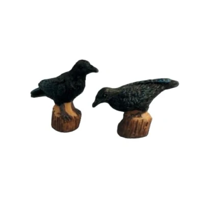 Image of Dolls House Crows Perched on Logs Black Garden Birds Witch Halloween Accessory