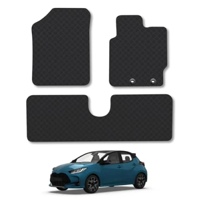 Image of Rubber Car Mats Compatible with Toyota Yaris (2011 2020) Tailored Fit Floor Set Accessory Black Custom 4 Pieces Clips Anti Slip Backing, Heavy Duty &amp; Waterproof