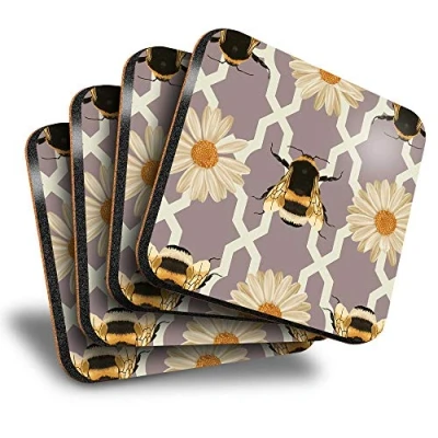 Image of Destination Vinyl ltd Great Coasters (Set of 4) Square Art Deco Bumble Bee Flower Drink Glossy Coasters/Tabletop Protection for Any Table Type #2139