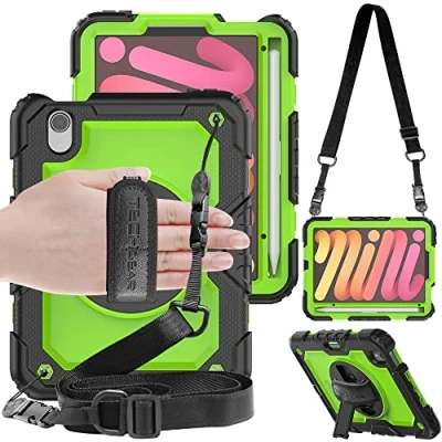 Image of TECHGEAR UTILITY Case for iPad Mini 7/6, 7th / 6th Generation 8.3&quot; 2024/2021, Tough Rugged HEAVY DUTY Armour Shockproof with 360 Rotating Stand, Hand and Shoulder Strap Green