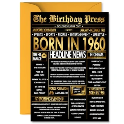 Image of Gold 65th Birthday Card for Men Women Black &amp; Golden Newspaper Born in 1960 Happy 65 Cards Neighbour Friend Nanny Brother Sister Husband, 5x7 Inch Bday Greeting
