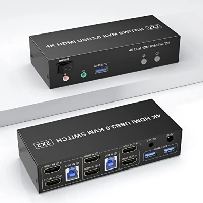 Image of USB 3.0 HDMI Dual Monitor KVM Switch 2 Port, 4K@60Hz for Computers Share Monitors and 3 Ports, Audio Microphone Output, Wired Remote Cables Included
